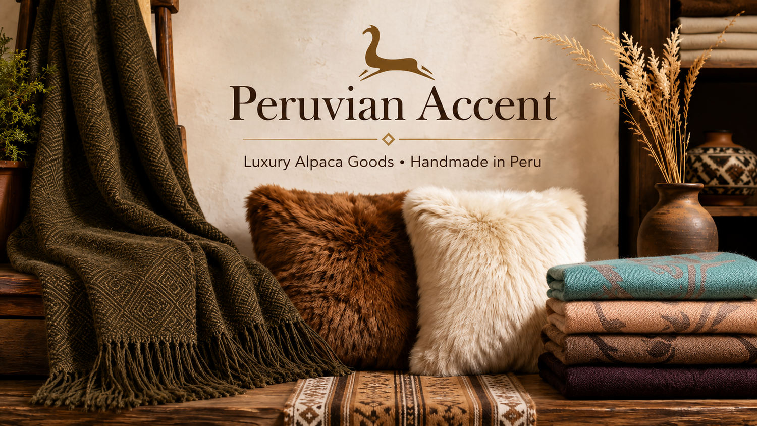 Baby alpaca throws, fur pillows and folded Peruvian textiles arranged in a warm artisan interior