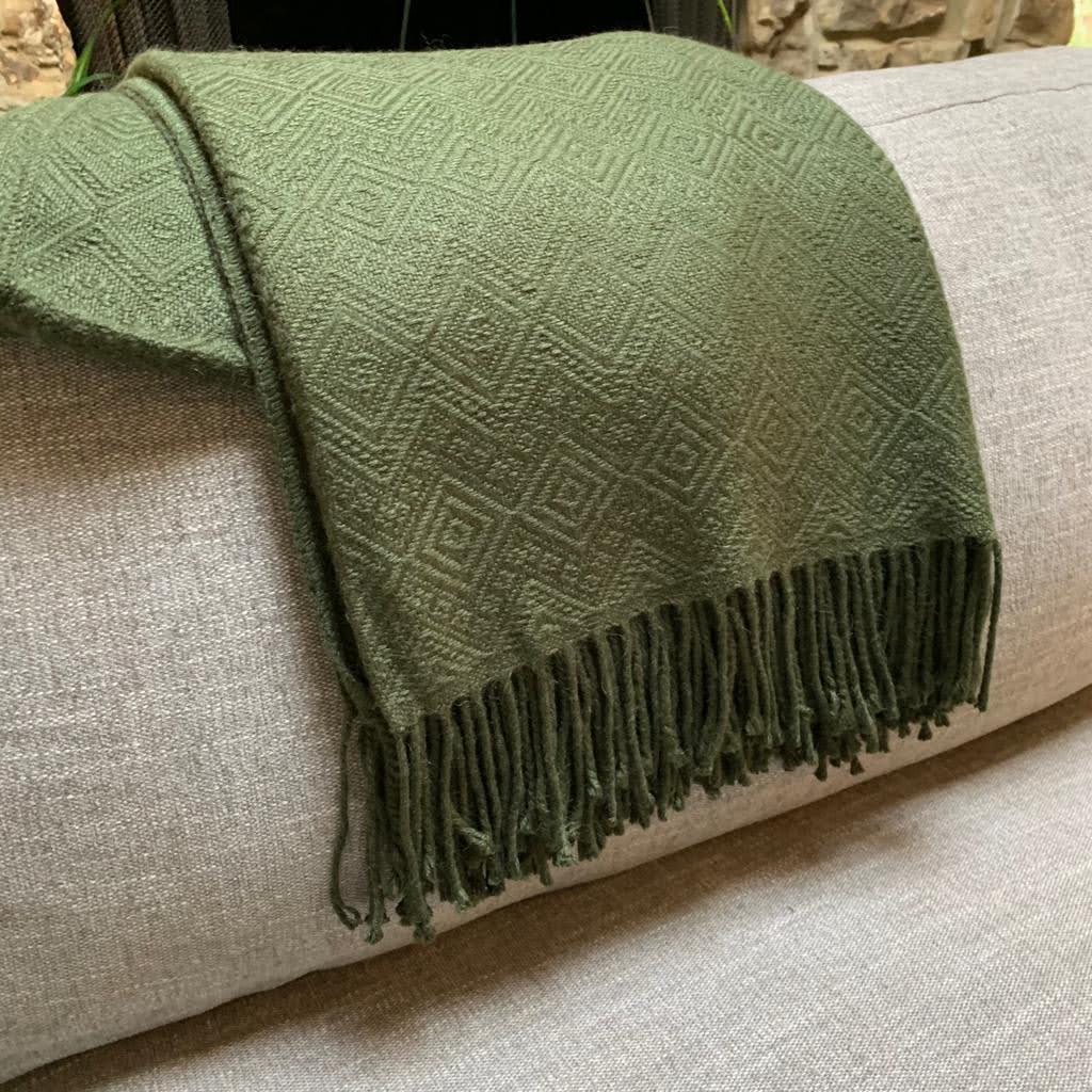 Hand-loomed Military Green Alpaca throw blanket