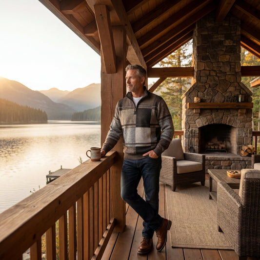 man i 100% baby alpaca Patron sweater at a mountain lodge.