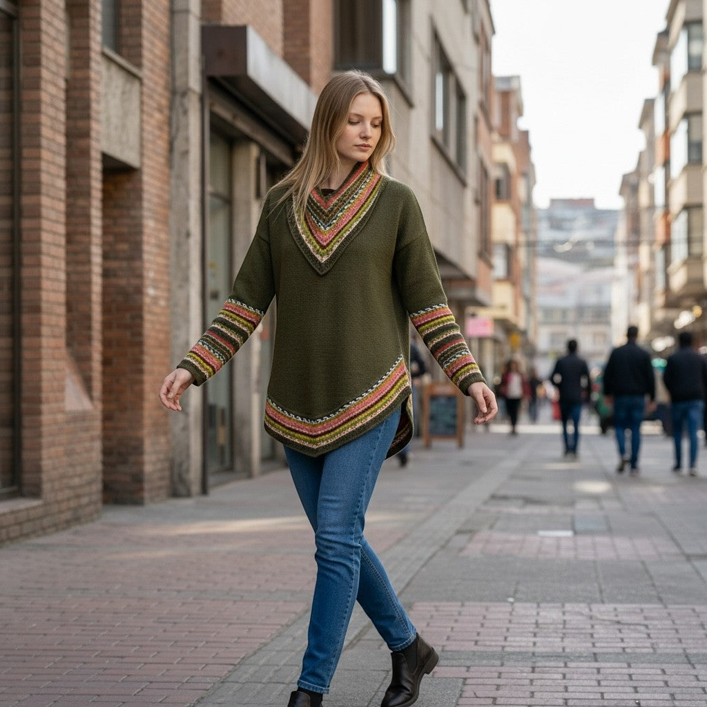 Peruvian Accent olive green alpaca poncho with sleeves, featuring a colorful chevron pattern on the neckline and cuffs, worn by a woman walking on a city street.