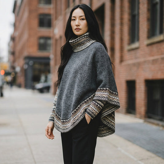 Peruvian Accent grey alpaca poncho with sleeves and cowl neck, featuring intricate geometric patterns on the cuffs and neckline.