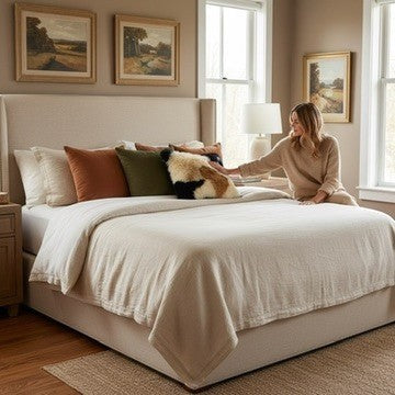 Peruvian Accent mosaic baby alpaca fur pillow on a bed with a woman touching it. Features black, white, and tan fur.