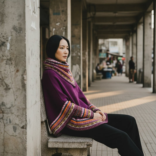 Peruvian Accent purple alpaca poncho with sleeves and patterned trim, featuring a cowl neck. Model seated outdoors.