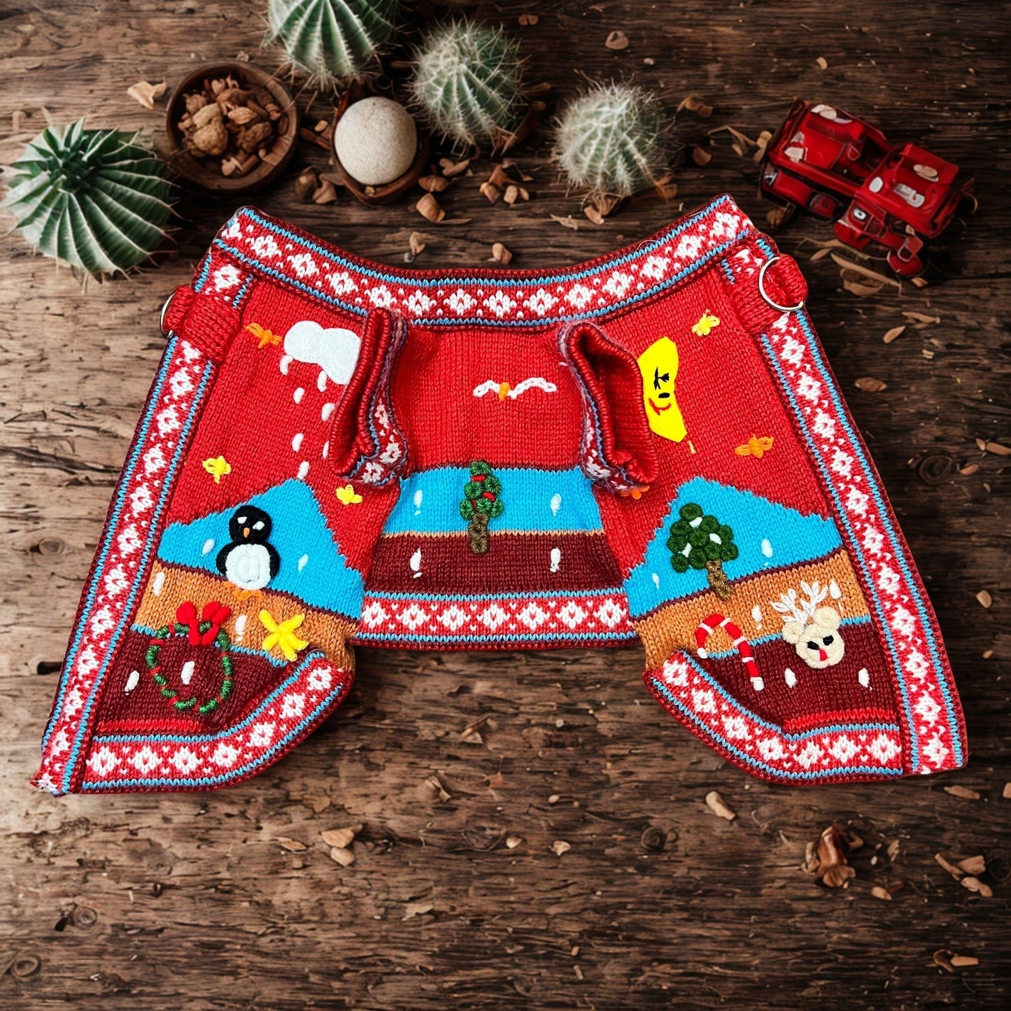Peruvian Accent red knitted dog sweater with winter holiday designs including penguins, reindeer, snowmen, and candy canes. Made from Alpaca wool.