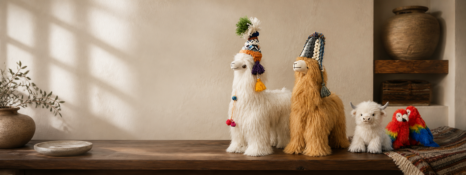 Handcrafted alpaca-fur llamas, Highland bull and colorful macaws displayed in a warm artisan interior
