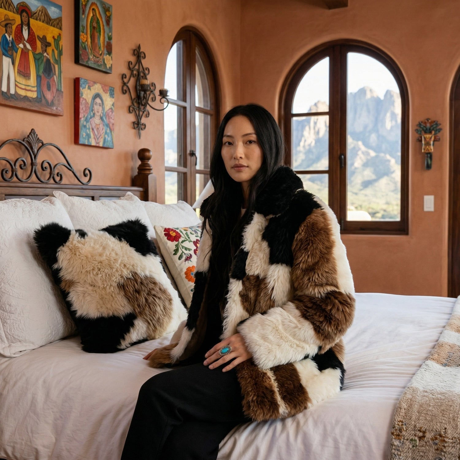Peruvian Accent black, brown, and cream baby alpaca fur pillow with mosaic pattern. Fur on one side.
