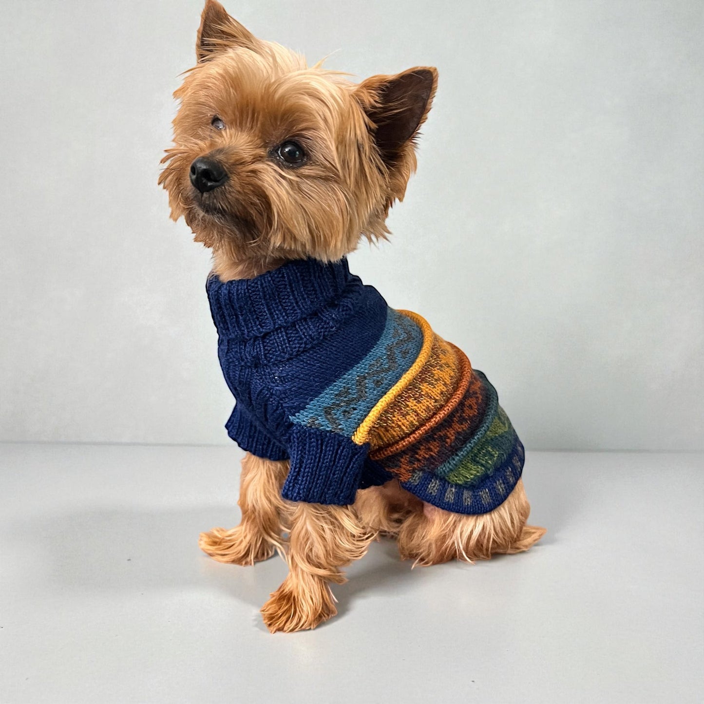 Peruvian Accent navy blue quarter sleeve dog sweater with colorful Andean patterns, made of alpaca wool.