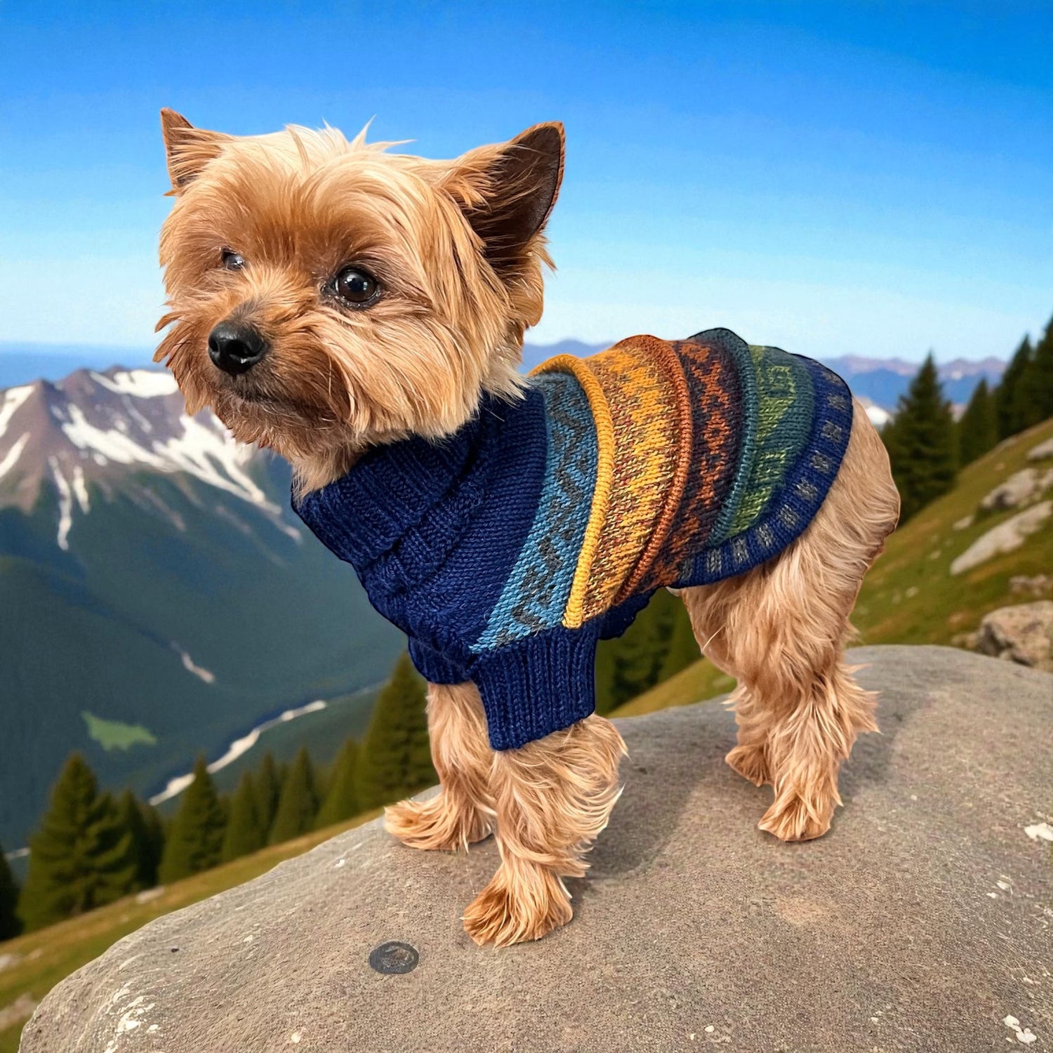 Peruvian Accent navy blue quarter sleeve alpaca dog sweater with colorful Andean pattern. Yorkshire Terrier model.