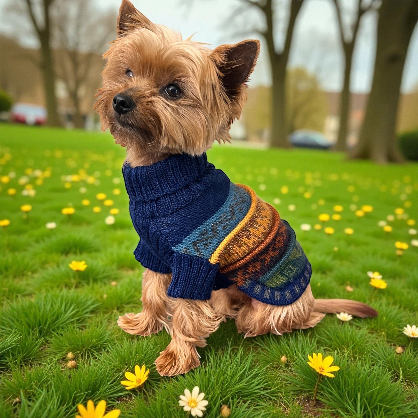 Peruvian Accent navy blue quarter sleeve dog sweater with Andean-inspired patterns, made from alpaca wool.