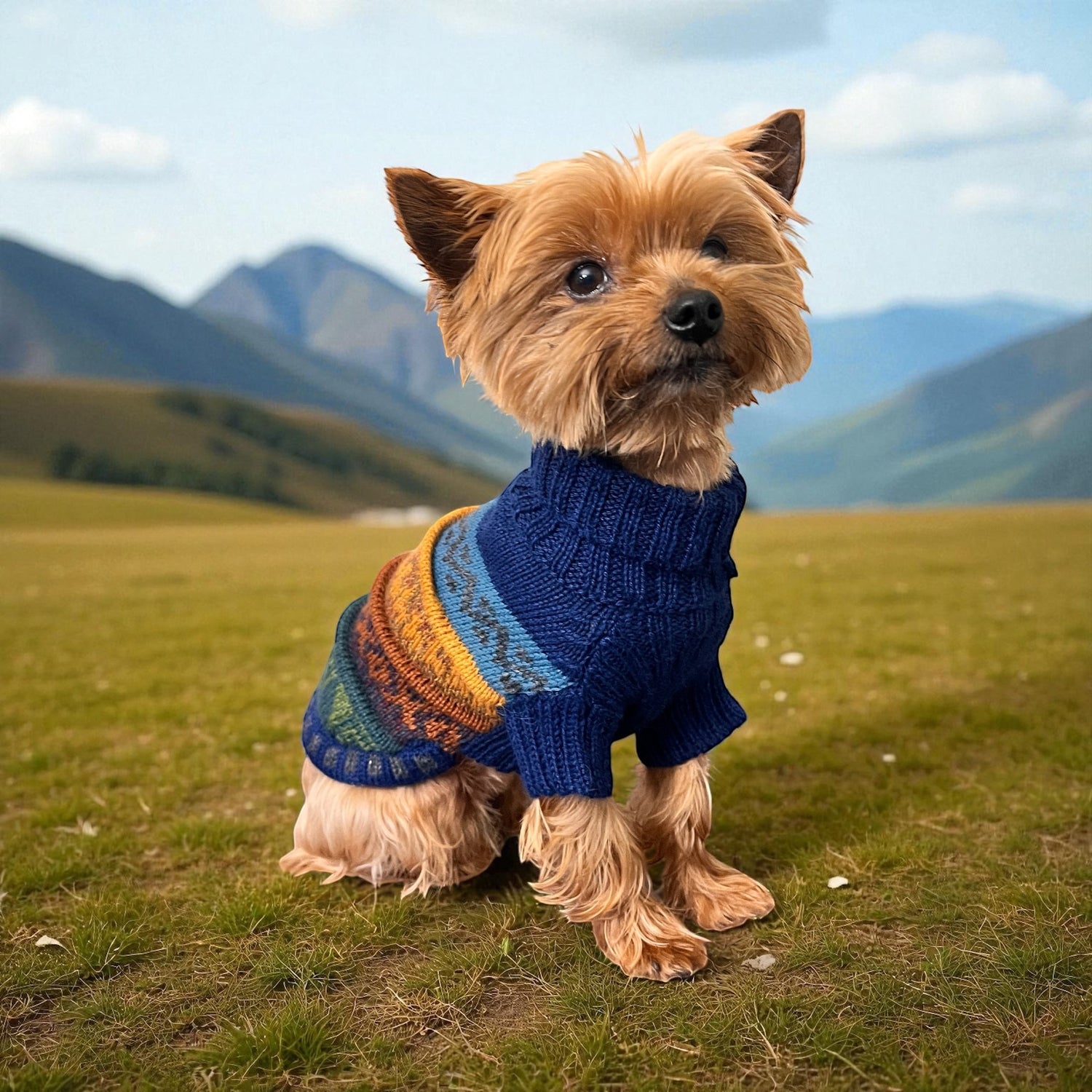 Peruvian Accent navy blue quarter sleeve dog sweater with colorful striped pattern on chest, made of alpaca wool.