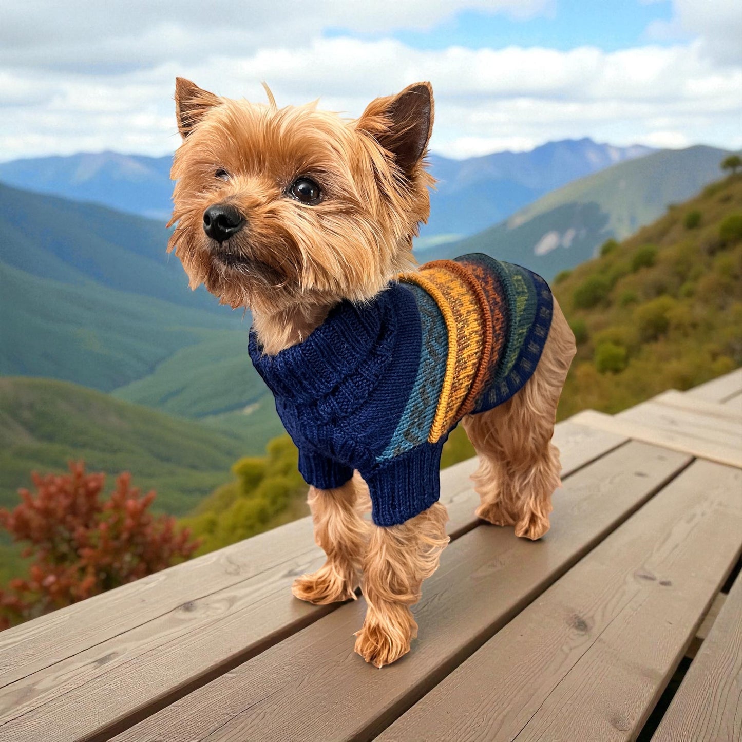 Peruvian Accent navy blue quarter sleeve dog sweater with striped pattern in yellow, orange, and blue. Made from alpaca wool.