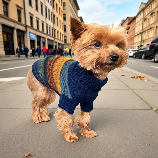 Peruvian Accent navy blue quarter sleeve dog sweater with striped pattern, made of alpaca wool.