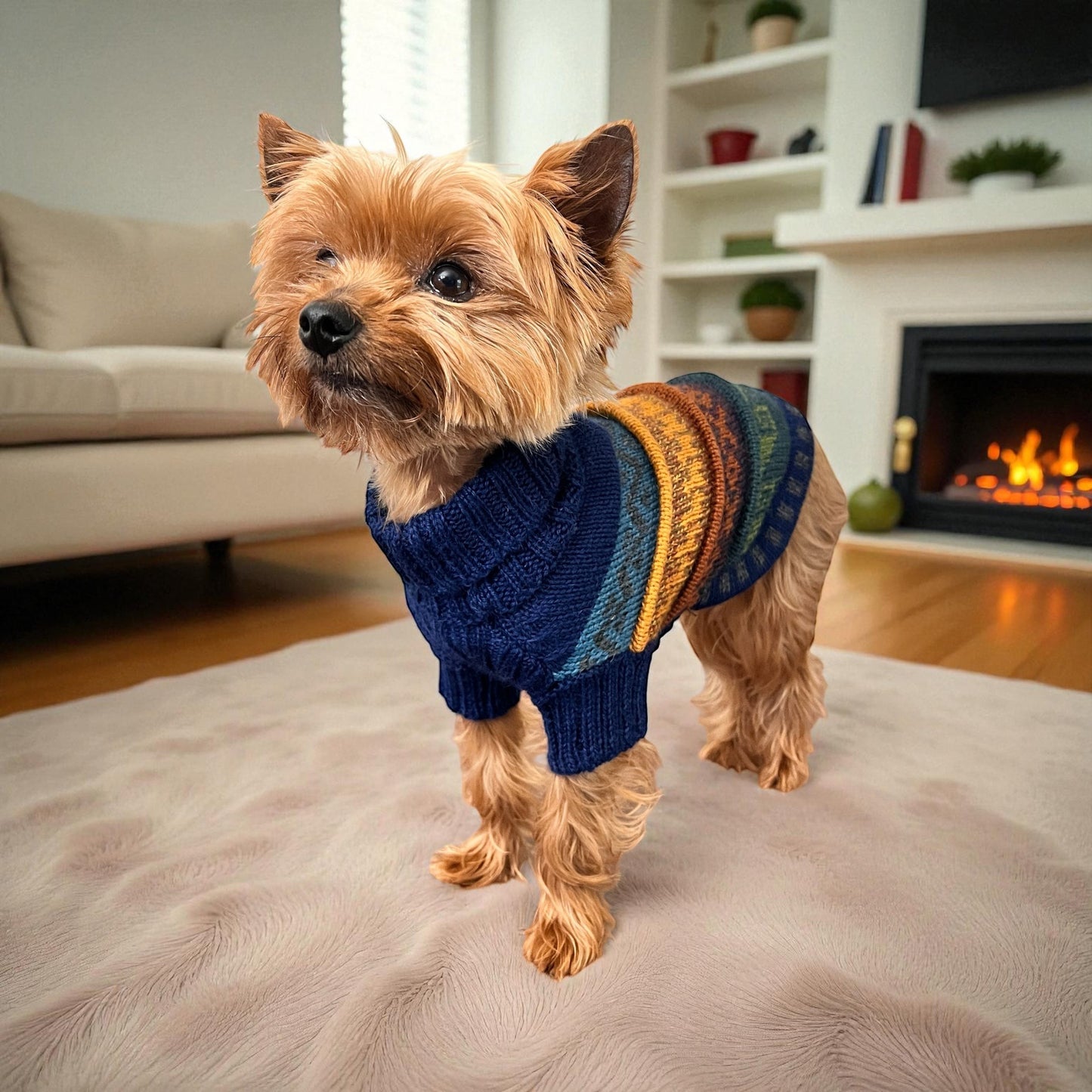Peruvian Accent navy blue quarter sleeve dog sweater with striped pattern on back, made of alpaca wool.