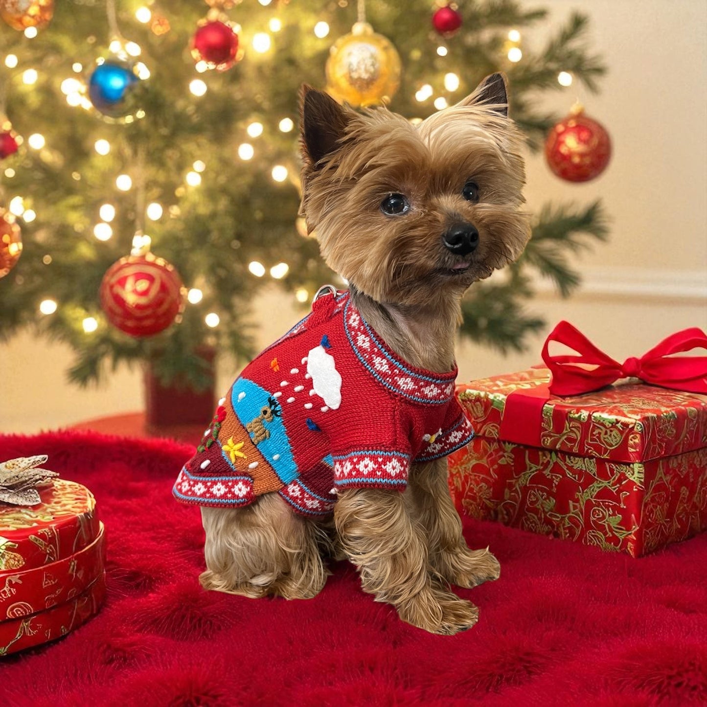 Peruvian Accent red zip-up dog sweater with holiday designs, made of alpaca wool.