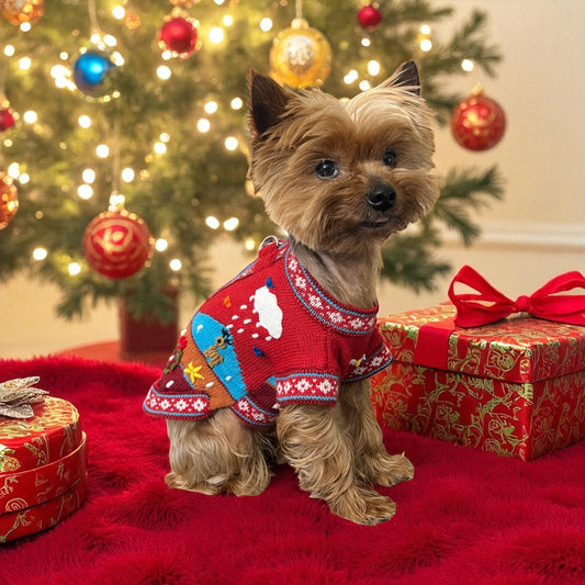 Peruvian Accent red zip-up dog sweater with holiday designs, made of alpaca wool.