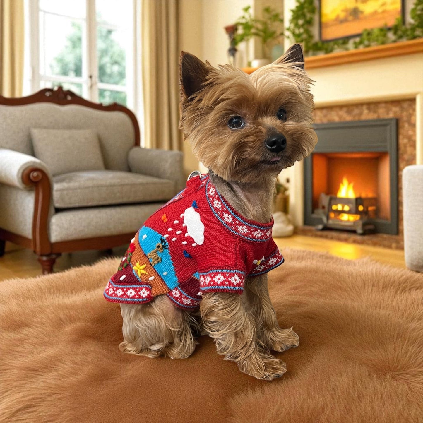 Peruvian Accent red alpaca dog sweater with Nazca-inspired holiday designs including snowmen, snowflakes, and reindeers.