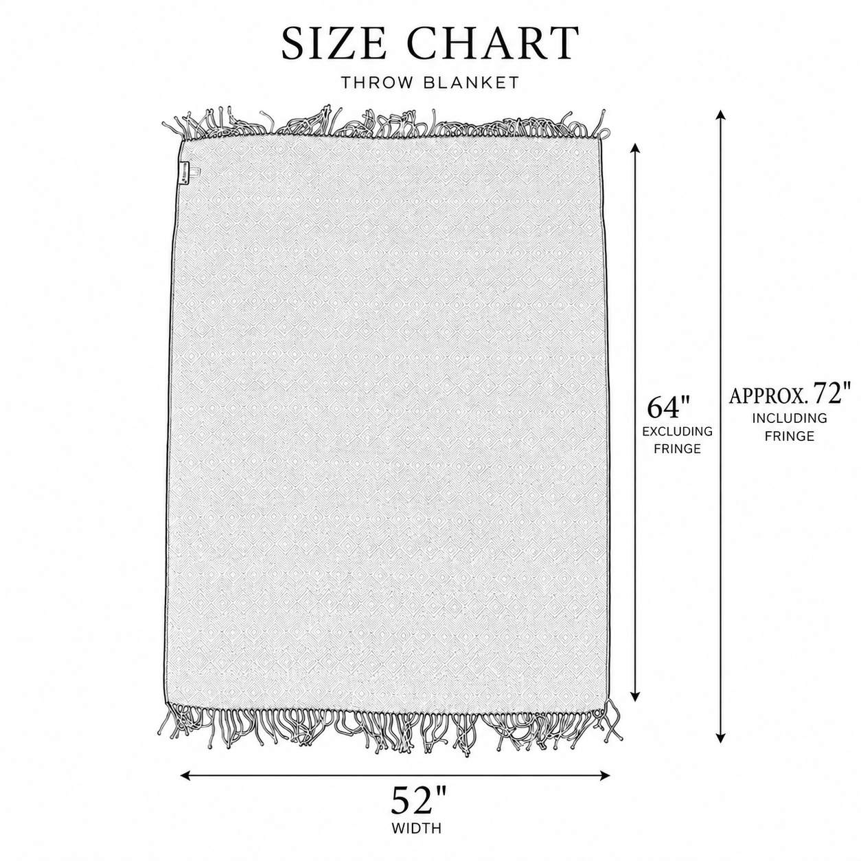 Alpaca throw blanket size chart: 52 by 64 inches without fringe, approximately 52 by 72 inches with fringe