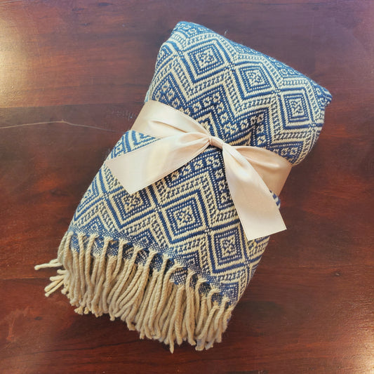 Beige and Steel Blue Alpaca Throw Blanket