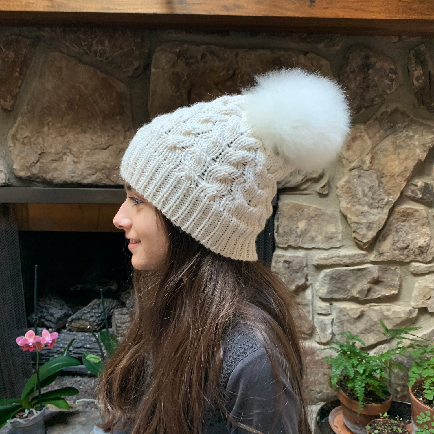 Handmade Alpaca beanie with real fur pompom.