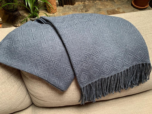 hand-loomed Alpaca throw blanket by Peruvian Accent. Solid steel blue color.